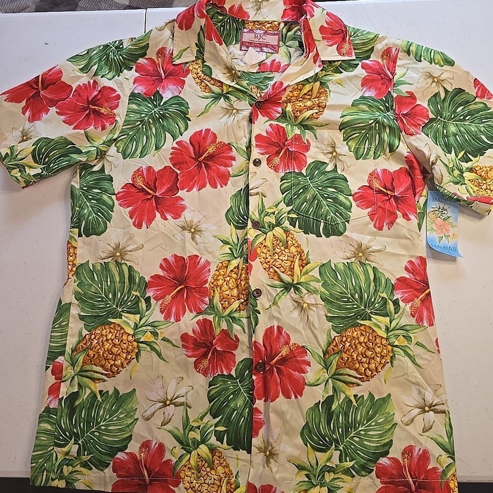 NWT Men's RJC Hawaiian Floral Pattern Pineapple Hibiscus Medium Shirt